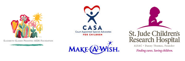 Jewelers for Children charity partner logo collage featuring Elizabeth Glaser Pediatric AIDS Foundation, Make-A-Wish, St. Jude Children's Research Hospital, and CASA